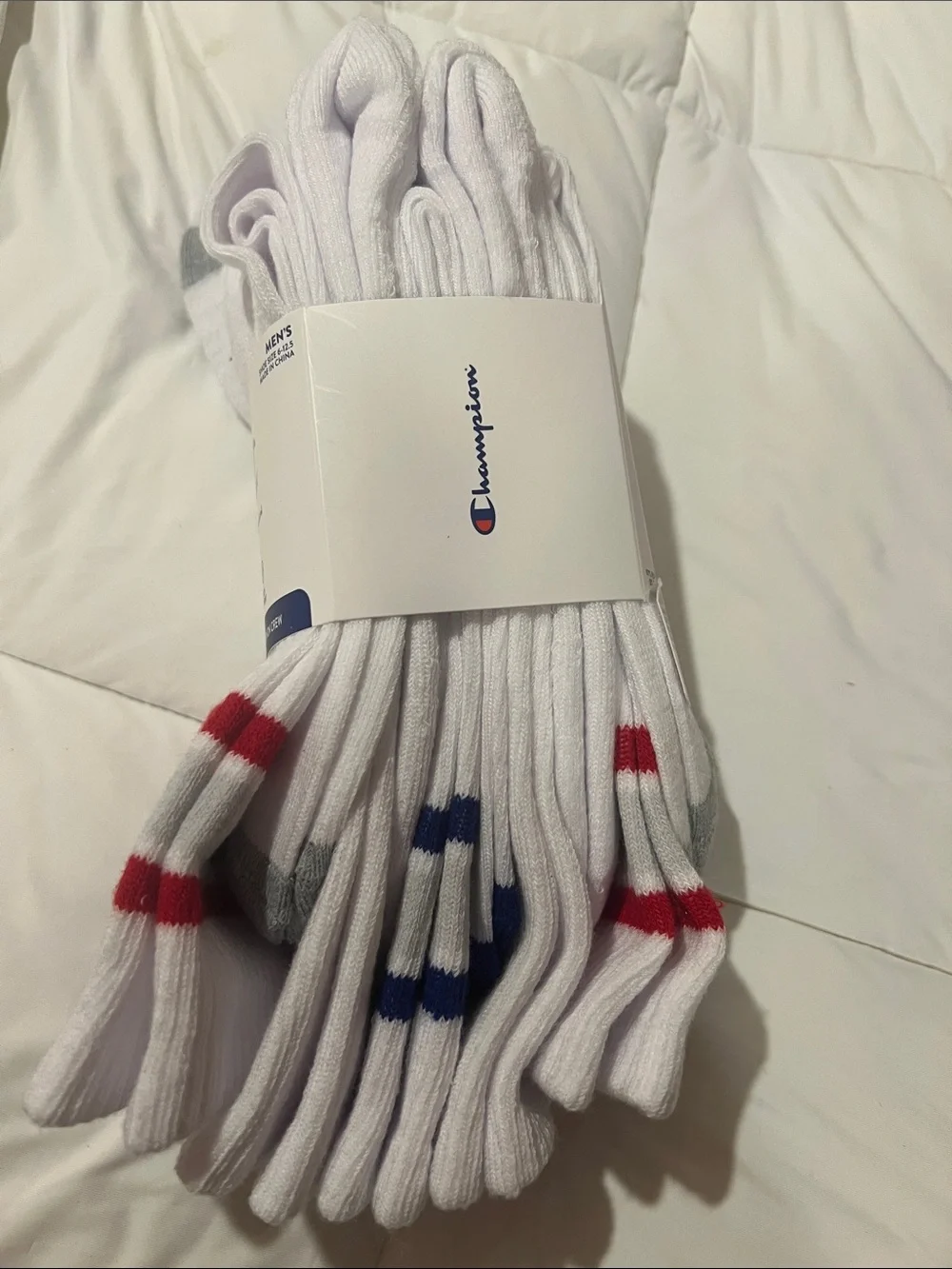 Champion White Crew Athletic Socks with Red /Blue Stripes and Navy Logo 5 pair